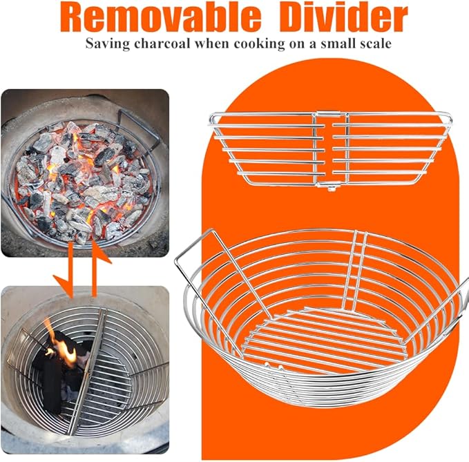 The Accessories for Big Green Egg, Ash Charcoal Basket for Large BGE, Parts for Big Green Egg, Stainless Steel Grill Ash Baskets for The Large(L) BGE and Kamado the Joe Classic(with Divider)