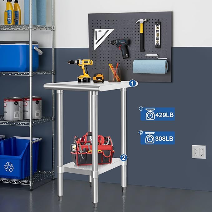 HARDURA Stainless Steel Table 24X18 Inches with Undershelf and Galvanized Legs NSF Heavy Duty Commercial Prep Work Table for Restaurant Kitchen Home and Hotel