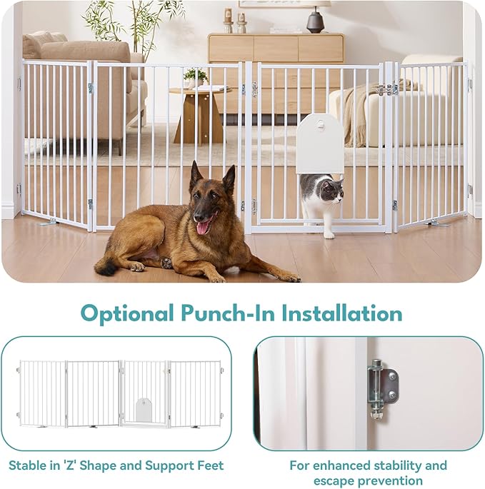 No Pawblems Free Standing Dog Gate with Cat Door, 30'' Tall Foldable Dog Fence for Indoor & Outdoor, Up to 104 Inch Extra Wide Puppy Gate for Stairs, Hallways, Doorways, Deck, Yard (White, 4 Panels)