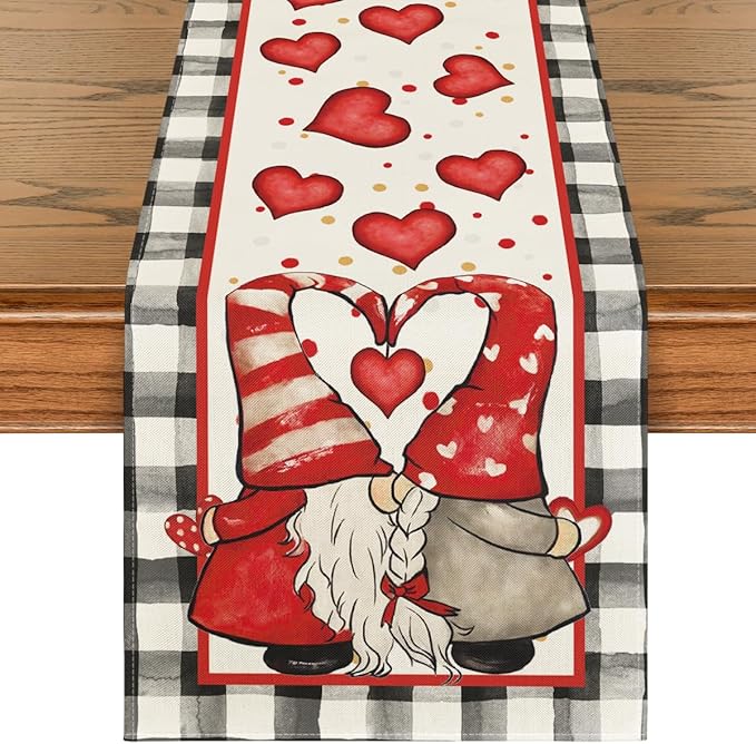 Artoid Mode Watercolor Hearts Gnomes Love Table Runner, Seasonal Anniversary Wedding HoliKitchen Dining Table Decoration for Indoor Outdoor Home Decor 13 x 120 Inch