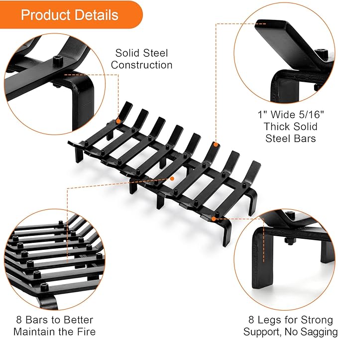 20" Fireplace Grate Wood Stove Grate Rack Stove Burning Rack Heavy Duty Solid Steel 8-Bars Firewood Holder Easy Assembly Fire Grate for Indoor Hearth Outdoor Firepit Matt Black
