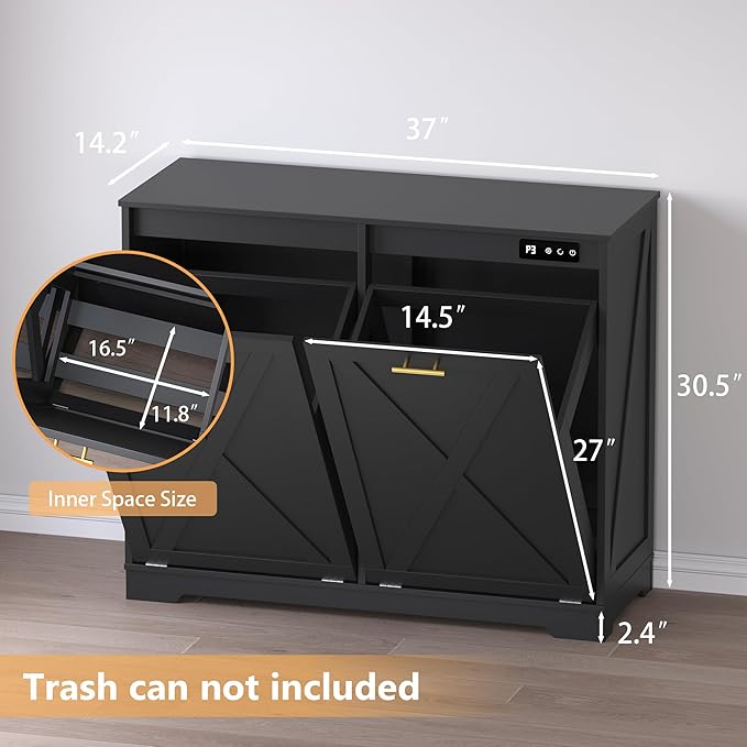 Tilt Out Trash Can Cabinet for 2 Bins, Hidden Recycle Garbage Bin Enclosure, Wooden Double Laundry Cabinet with Odor Control, Negative Ion & Ozone, for Kitchen, Bathroom, Laundry Room