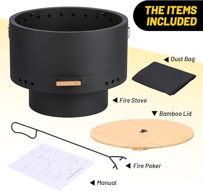 GarveeLife 26 in Smokeless Fire Pit with Removable Ash Pan, Wood Burning Firepit Table with Lid&Fire Poker,Smokeless Outdoor Fireplace with Dust Bag, Outdoor Fire Pits for BBQ, Table, Bonfire, Camping