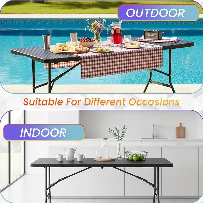FDW 6FT Folding Table, Portable Fold-in-Half Plastic Picnic Party Table with Carrying Handle （Black Ratten, 6FT）