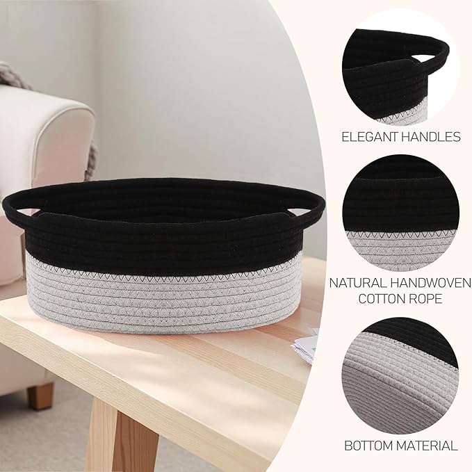 Woven Basket,Small Rope Storage Bin with Handles & Ribbon Bag, Organizer for Shelves Closets,Gift Basket Empty for Birthday,Books,Dog Toys, Black&Grey