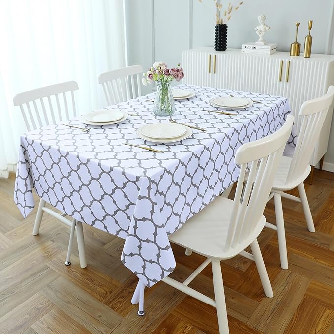 Romanstile Rectangle Plastic Tablecloth, 100% Waterproof Oil-Proof Checkered PVC Table Cloth, Heavy Duty Vinyl Table Cover for Dining, Camping, Picnic, Outdoor - 54 x 108 Inch, Moroco White