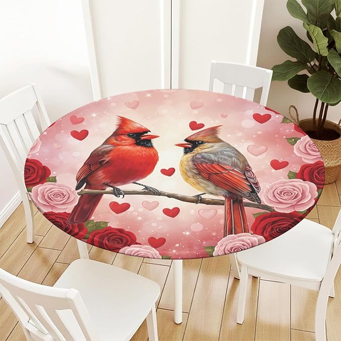 Valentines Day Round Fitted Tablecloth with Elastic Cardinal Bird Heart Circle Table Cloth for 44-48" Tables Wipeable Waterproof Washable Valentine Red Birds Table Cover for Picnic Dining Party Decor