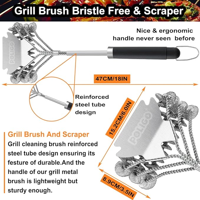 POLIGO Safe Grill Brush and Scraper Bristle Free 18" Grill Cleaner Brush - Stainless Steel BBQ Brush for Grill Cleaning - Wireless Grill Brush with BBQ Scraper for Grill - Gifts for Grill Wizard