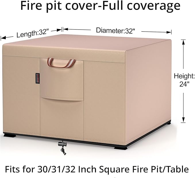 QH.HOME Fire Pit Cover Square-29-32 Inch Heavy Duty 900D Strong Tear-Resistant and UV Resistant and Waterproof and Fading Resistant Material Polyester Firepit Covers for Outdoor Fire Table-Wheat
