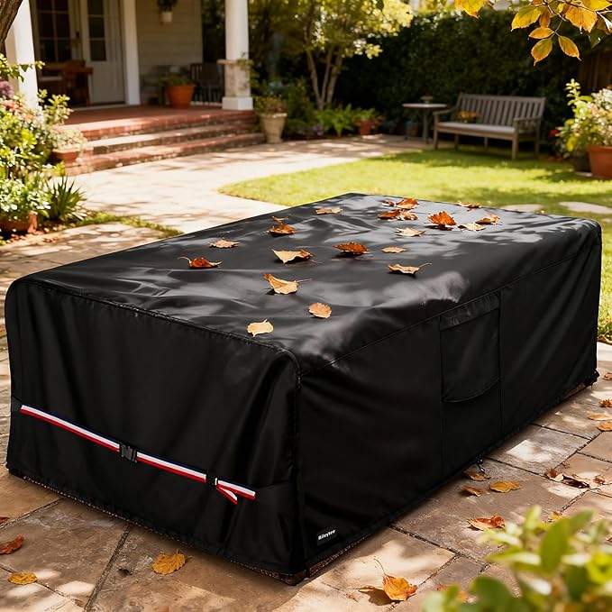 Rectangular Patio Furniture Covers,Upgraded 600D Heavy Duty Outdoor Furniture Covers Waterproof,Outdoor Sectional Dining Table and Chairs General Purpose Furniture Set Cover,111"L × 74"W × 28"H,Black