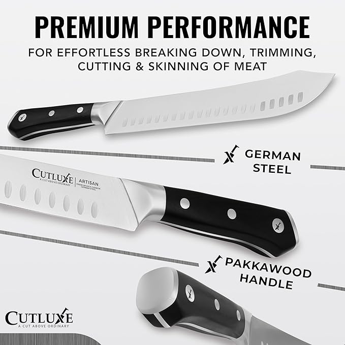 Cutluxe Butcher Knife Set – Cimeter Breaking & Bullnose Carving Knives for Meat Cutting – Professional Knife Set, Razor Sharp German Steel,Full Tang, Ergonomic, Butcher Knives for BBQ – Artisan Series