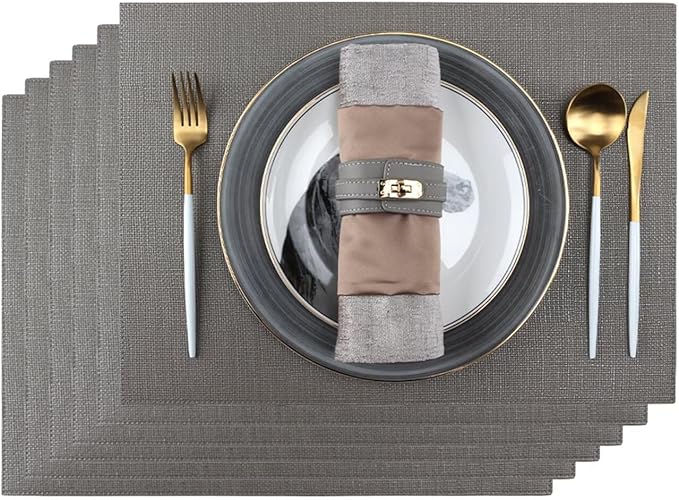 Faux Leather Placemats for Dining Table Set of 6, Heat Resistant Reversible PU Table Mats, Waterproof Wipeable Place Mats, 13"x18", Grey