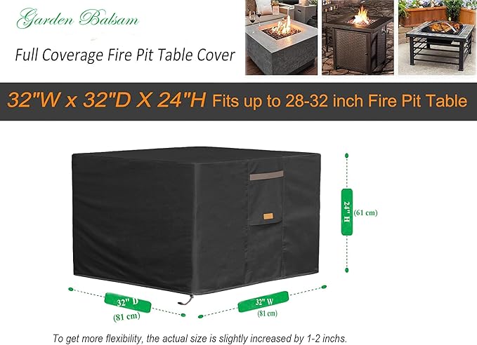 Fire Pit Cover 600D Heavy Duty Waterproof Fabric With PVC Coating Square 32" Wx 32" D x 24" H Black Fits for 28-32 Inch Fire Pit Table Fade Resistant Outdoor Firepit Cover
