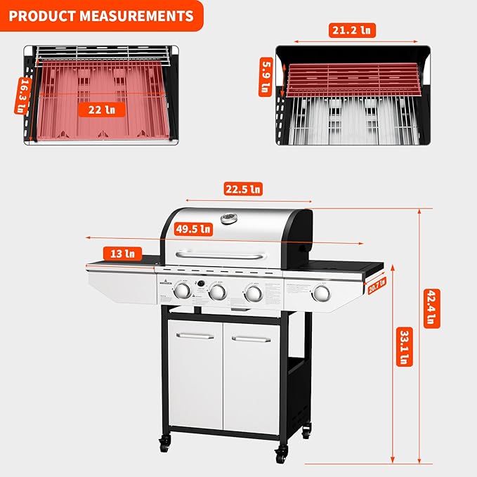 3-Burner Propane Gas BBQ Grill with Side Burner, 40,000 BTU Stainless Steel Propane Grill with Wheels and Storage,Outdoor Cooking Grill for Barbecue, Patio and Camping
