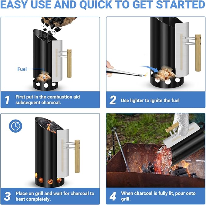 Charcoal Chimney Starter with Insulation Gloves Double Enameled BBQ Starter, 2PCS barbrcue Gloves for Charcoal Grill with Heat Shield & Rubber Wood Handle Great Heat Insulation and Easy Grip