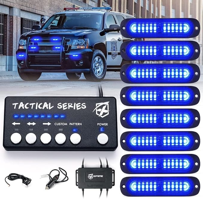 Xprite Blue LED Surface Mount Strobe Police Lights Kit, Emergency Safety Warning Flashing Grille Cop Marker Light for Volunteer Vehicles Trucks ATV UTV Cars Vans Motorcycle - 8PCS