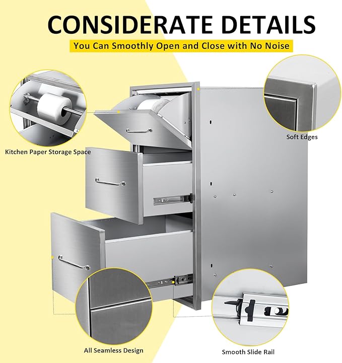 Outdoor Kitchen Drawers with Paper Towel Holder 17" W x 30"H Flush Mount BBQ Drawers with Chrome Handle,Stainless Steel Built-in Triple Access Drawers for Outdoor Kitchen Island, Patio Grill Station