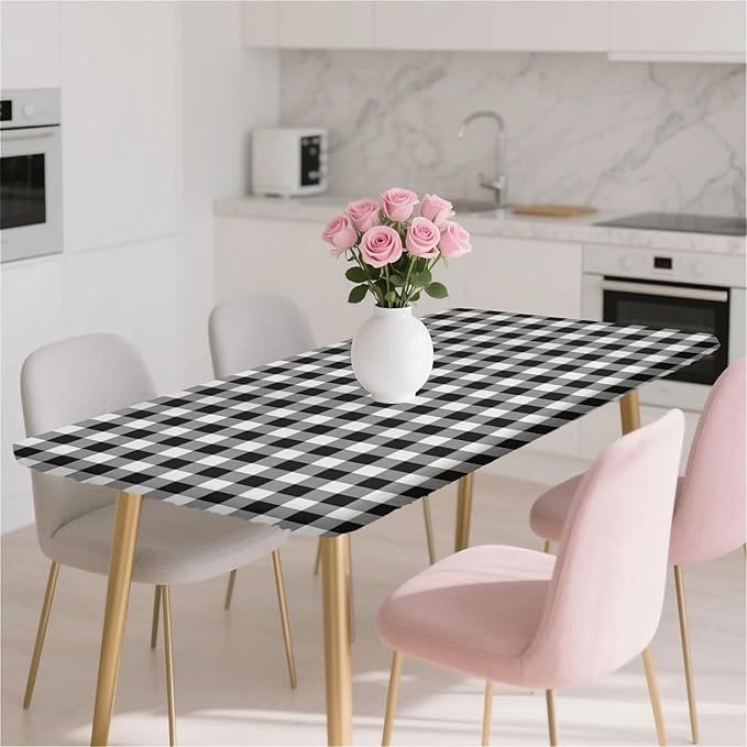 Rectangle Table Cloth Cover Waterproof Elastic Fitted Polyester Fitted Tablecloths for 6 Foot Tables for Indoor,Picnic, Camping, Outdoor （72" x 30"，Black Grid）