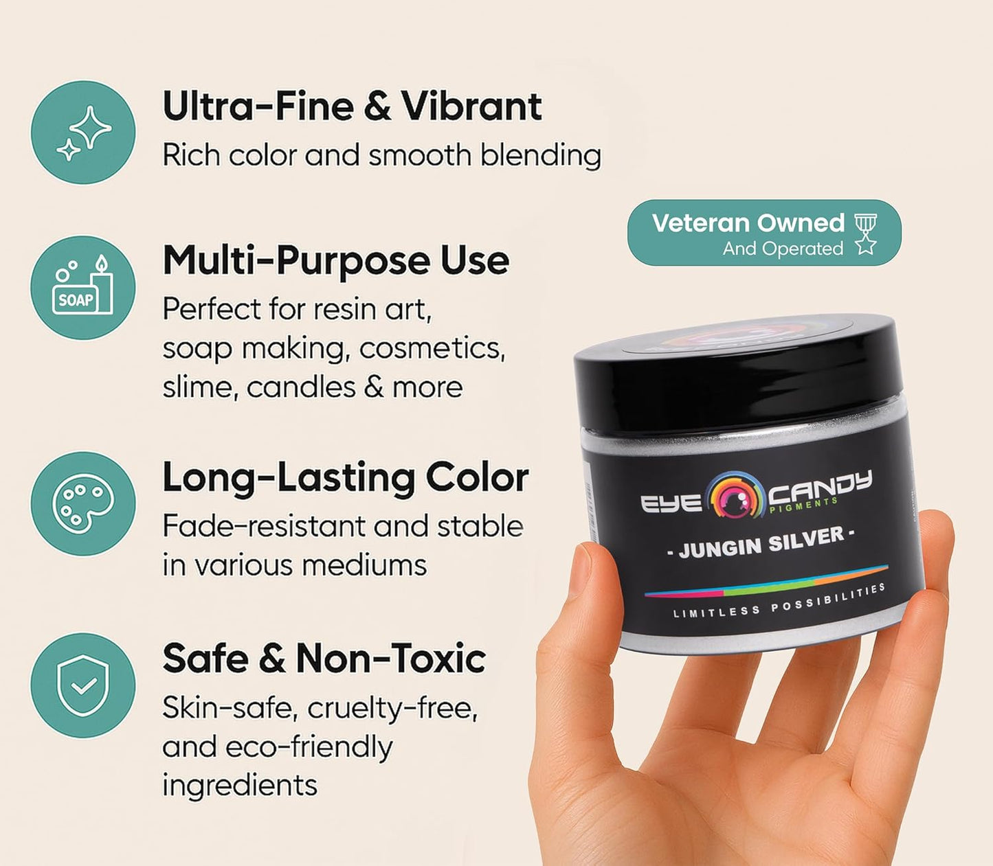 Eye Candy Pigments Premium Silver Mica Powder - Jungin Silver (50gr) - for Epoxy, Resin, Soap, Paint, Woodworking, Acrylic Pouring, Bath Bombs, Fishing Lures - DIY Arts and Crafts Additive