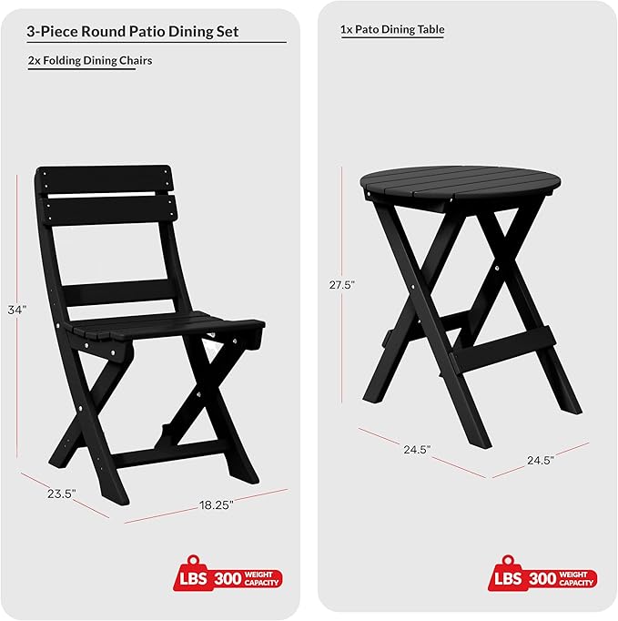 Costaelm Paradise 3-Piece Outdoor HDPE Folding Patio Bistro Table and Chairs, Black