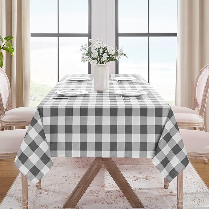 Softalker Gingham Checkered Tablecloth Rectangle - Outdoor Waterproof Buffalo Plaid Table Cloth, Stain Resistant Washable Table Cover for Picnic, Camping, Dining - Grey and White, 54 x 108 Inch