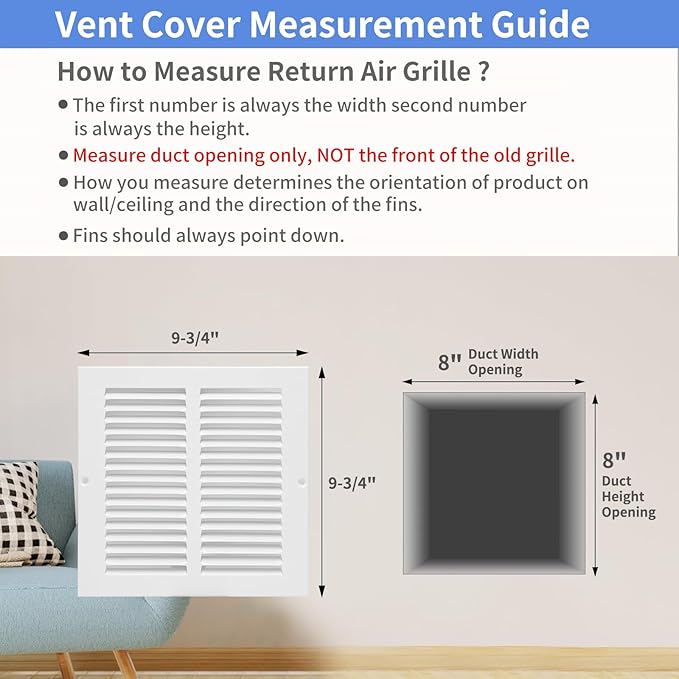 8"W x 8"H [Duct Opening Size] Steel Return Air Grille, Air Return Vent Cover for Ceiling and Sidewall - HVAC Air Vent Covers - [Outer Dimensions: 9.75"W x 9.75"H]