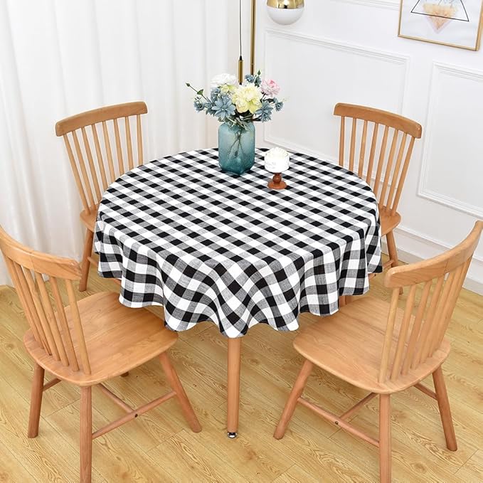 Gingham Round Tablecloth Table Cloth Heavy Duty Cotton Checkered Table Cloth Round Cover for Dining Room (R-Black, 53 inch Diameter)