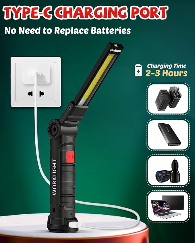 Coquimbo Mens Valentines Day Tool Gifts for Him Boyfriend Husband, Rechargeable LED Work Light BBQ Grill with Magnetic Base Hook, 360° Rotate Mechanic Flashlight Dad Birthday Gifts (2 Pack Black)