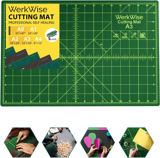 Thickness-Upgraded 12" x 18" Self Healing Sewing Mat, WerkWise Rotary Cutting Mat, Double Sided 5-Ply 12x18 Inch Cutting Board for Quilting, Fabric, & Crafts, Use with Rotary Cutters (Green & Black)