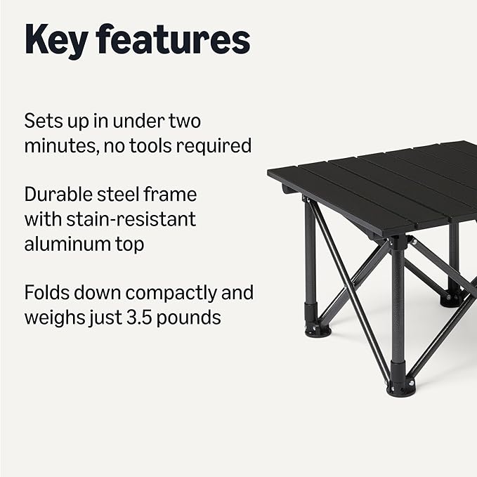 Amazon Basics Camping Table, Small, Folding, Camping Essentials, Black