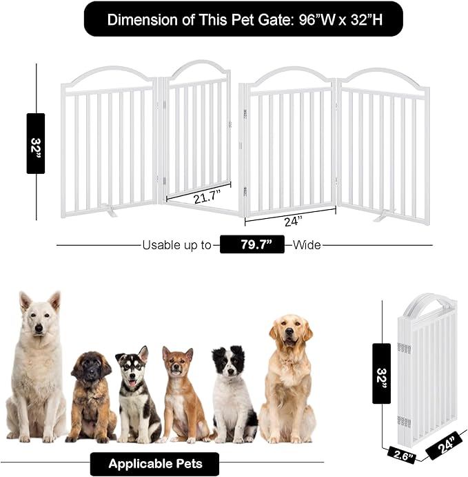 UDD Metal Folding Dog Gate Indoor 96" Extra Wide, 32" Tall Foldable Pet Gate with Door for Stairs Doorways Hallways Porch, Freestanding No Drilling Pet Fence for Dogs Puppy, White 4-Panel