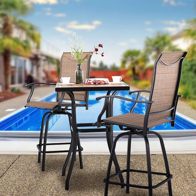 PHI VILLA 3 PCS Patio Swivel Bar Set Outdoor Furniture Bar Height Bistro Set, 2 Bar Stools and 1 Table, High Top Table and Chairs Set of 2 for Garden Porch Backyard