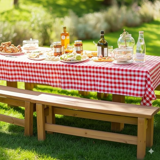 Nasitos 2 Pack Vinyl Picnic Table Cover 60x84 Inch-Flannel Backed Rectangle Waterproof Tablecloth Checkered, Wipeable Plastic Table Cover Red and White for Dinner Party, Picnic, Outdoor
