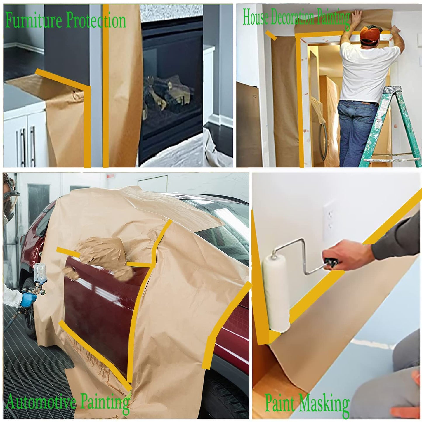 Paint Masking Paper with Adhesive,20 inch x 50 Feet Painters Paper Roll, Tape and Drape Painters Paper, for Auto Body Masking, Wall Covering and Paint Masking (3Rolls)