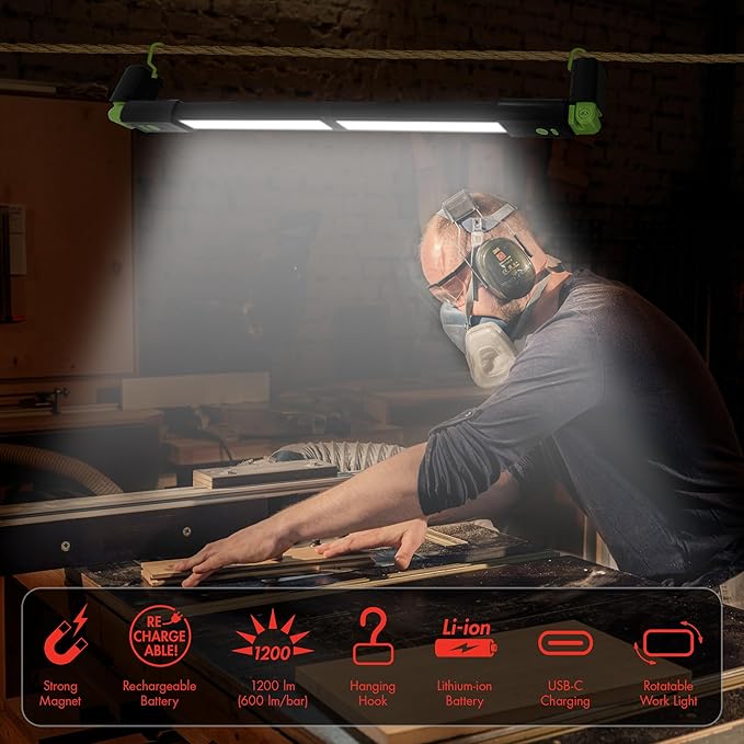 Wagan EL4346 Detachable LED 1200 LM Rechargeable Work Light Portable Mechanic Light Bar with Magnetic and Hooks Cordless Underhood Bright Work Lamp for Car Repairing Garage Workshop