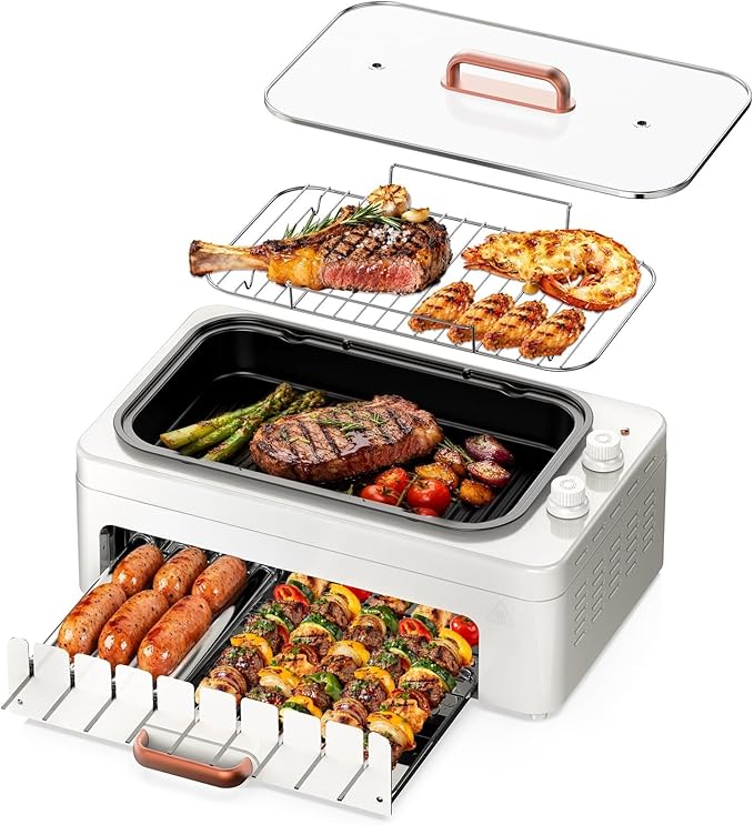 4-in-1 Electric Indoor Grill Smokeless for Home,Countertop Electric Grill with Removable Sizzle Grill Pan & Grate + Auto Rotating Kabob Skewers + Electric Hot Dog Roller Dual Zone Cooking with Lid
