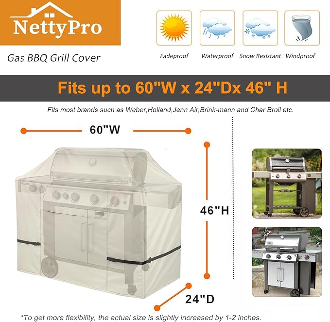 NettyPro Grill Cover for Outdoor Grill 60 inch Waterproof Heavy Duty Gas BBQ Cover for Outside Weber, Char-Broil, Brinkmann, Jenn Air, Nexgrill 3-4 Burners Barbecue, Beige