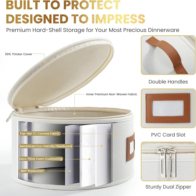 HOMELUX THEORY Plate Storage Box, 2pc 12"x8" Ivory Hard Shell China Storage Containers, Kitchen Storage Bins With Lids, Heavy Duty Moving Box with Handles for Dishes, Dinner Plate & Dinnerware