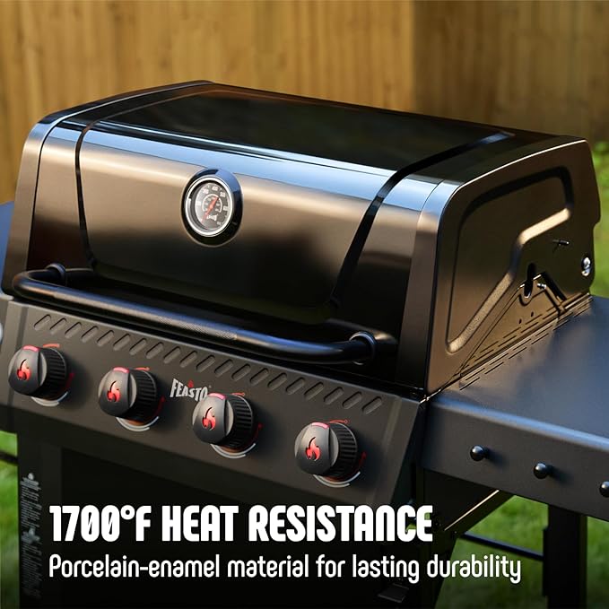 4-Burner Gas BBQ Grill with Side Table, 36,000 BTU Outdoor Propane Grill with Enameled Coated Chamber Body, Premium Porcelain-Enameled Grates for Backyard, Patio, Camping Barbecue, Black