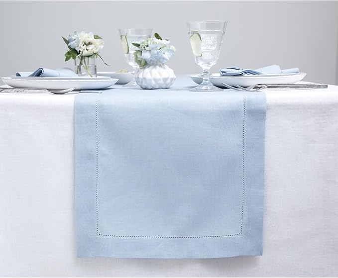 Solino Home Linen Sky Blue Table Runner 156 Inches Long - 100% Pure Linen Extra Long Table Runner 14 x 156 Inch for Spring, Easter - Classic Hemstitch