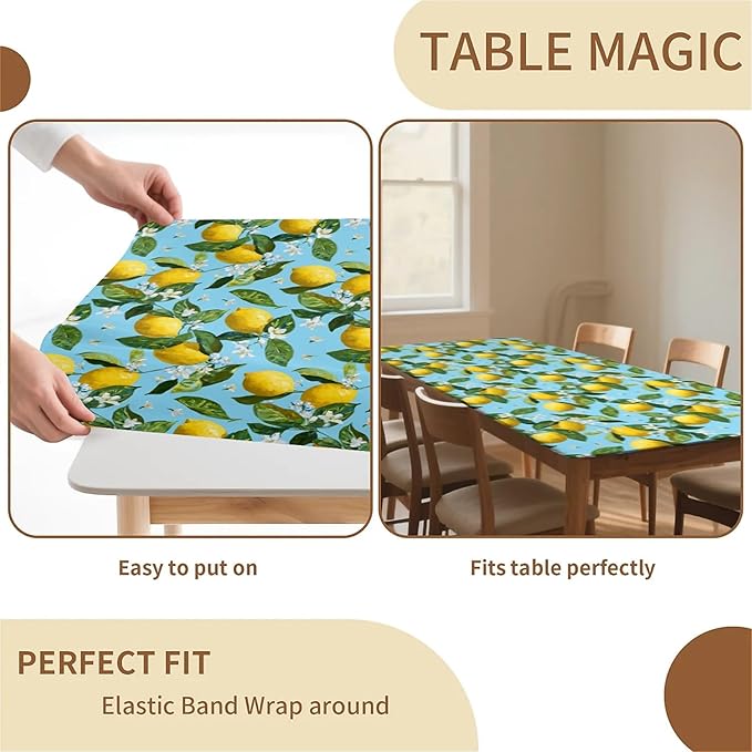 Rectangle Table Cloth Cover Waterproof Elastic Fitted Polyester Fitted Tablecloths for 6 Foot Tables for Indoor,Picnic, Camping, Outdoor （72" x 30"，Lemon）