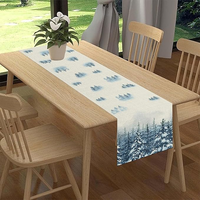 Forest Table Runner, Rustic Farmhouse Mountains Birds Pine Tree Woodland Jungle Cottage Country Coffee Table Center Decor for Home Kitchen Dining Patio Holiday Party Table Decorations, 13"x90" Inch