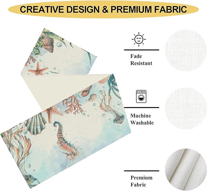 Summer Beach Table Runner, Blue Sea Coastal Nautical Turtle Jellyfish Seashell Ocean Table Runner Seasonal Holiday Home Kitchen Dining Table for Home Party Decor 13"x72"