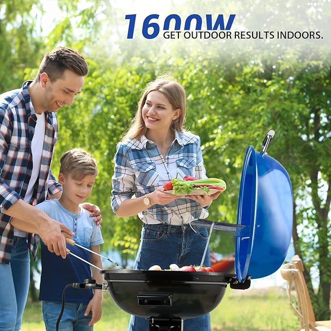 Electric Grill, Techwood Indoor/Outdoor Electric BBQ Grill, 1600W Portable Removable Stand Grill with Adjustable Heat & Drip Tray, Double Layer Design for Party, Patio & Backyard (Blue)