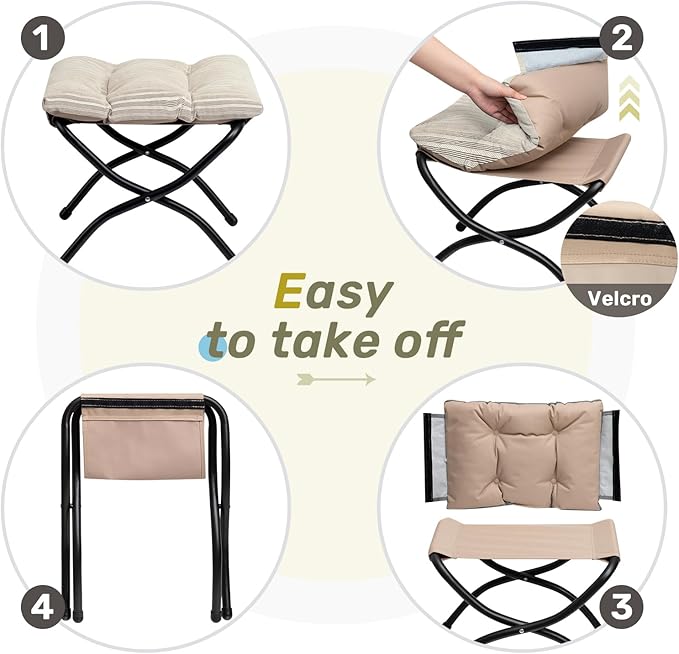 HollyHOME 15"(H) Folding Footrest Stool, Upholstered Small Foldable Ottoman, Accent Padded Sofa Foot Stool for Lazy Chair, Metal Frame Portable Foot Rest Ottoman for Living Room, Bedroom, Beige Stripe