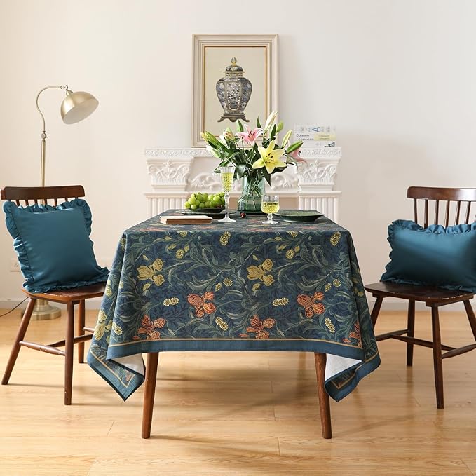 patdrea Designer Dark Blue Linen Rectangle Tablecloth,Vintage French Rustic Floral Pattern Tablecloths,Decorative Table Cover Cloth for Kitchen,Dining,Tea Party,Home,Christmas,55"*71"