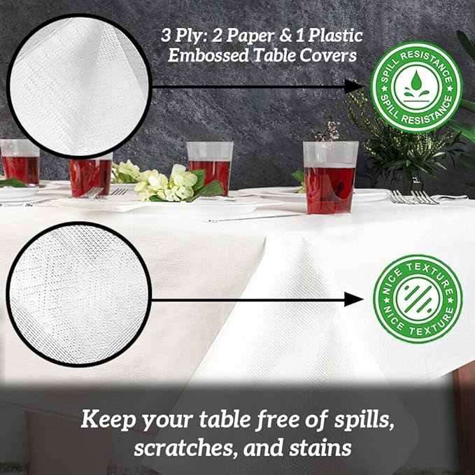 PARTY BARGAINS 10 Disposable Table Covers - 54" X 108", 3 Ply Paper & Plastic White Table Cover