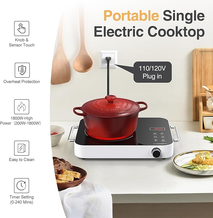 Single Burner Electric Cooktop,1800W 110V Electric Stove Top with Knob Control, Portable Cooktop with 2 Handle,single burner electric stove with Double Ring Heating, 4 hours Timer