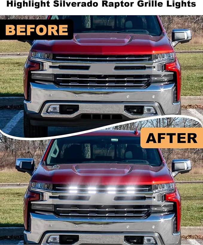 LED Grill Light for 2025 2024 Chevrolet Silverado Raptor Grille Lights Amber Warning Front Bumper Lamp 2019-2023 Silverado Accessories 4Pcs (White)