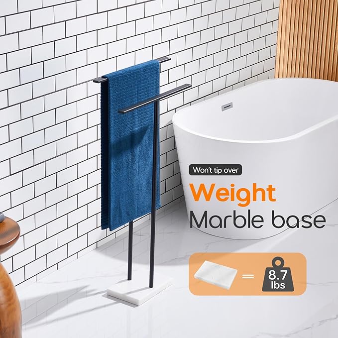 Free Standing Towel Racks Matte Black 2-Tier Towel Holder for Bathroom Floor Stand with Heavy Marble Base Thicken Steady Design Stainless Steel AN7001MB